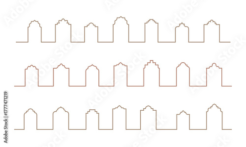 Outline oriental moroccan city, medina wall seamless border. Vector arabic style cityscape outline oriental divider pattern.