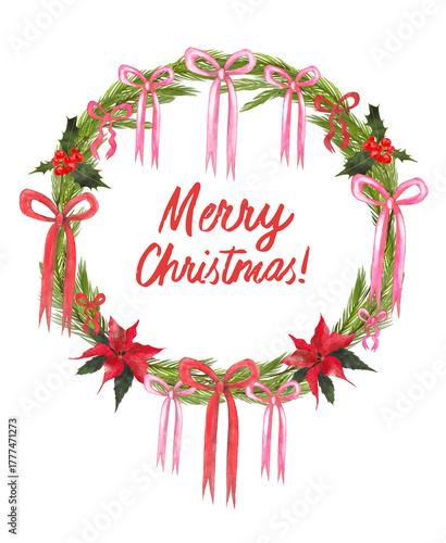 Illustration of a Christmas wreath made of fir branches with trendy pink and red bows. Lettering saying Merry Christmas.