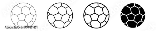 Set of four soccer ball icons in different outline weights and a solid black fill, representing sports, games, and team activities for web, app, and graphic design projects