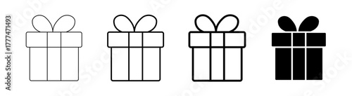 Decorative set of four black and white gift box icons featuring various outline and filled styles, perfect for holidays, celebrations, birthdays, and shopping events.