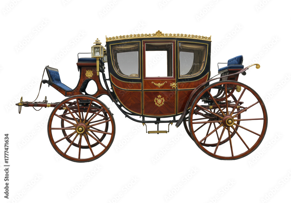 Fototapeta premium Isolated royal carriage on display antique vehicle for transport without horses in history