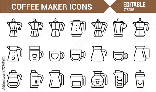 Minimalist outline icons of coffee preparation, percolators, and mugs