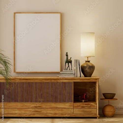 Japandi style living room interior with natural wood and beige tones. Mock up poster frame in modern living room. 3D illustration
