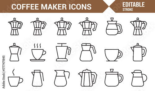 Line art vector icons of coffee pots, cups, and drinkware for beverage themes