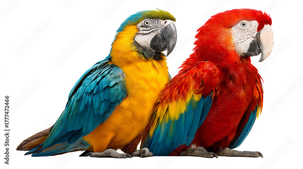 Naklejka premium Two vibrant macaws with colorful plumage side by side