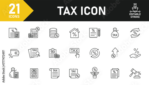 Tax line icon set. Set of 21 outline icons related to tax, taxpayer, accounting, VAT, payment, taxation, refund and others. Editable stroke. Vector illustration.