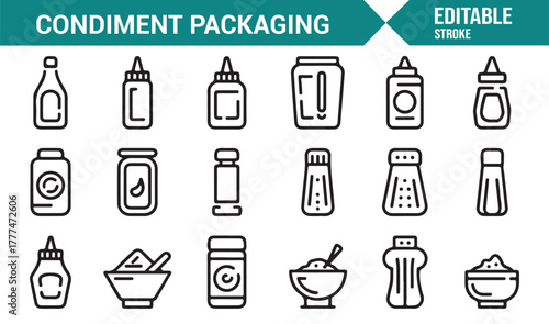 Editable vector icons of condiment bottles, spice jars, and sauce containers in outline style