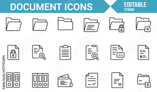 Minimalist outline icons for office folders, business contracts, and data protection
