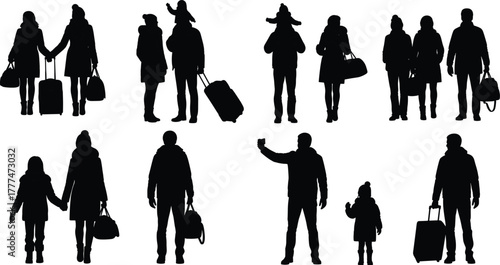 Travel silhouette collection, people with luggage, airport scene, family journey, black vector icons, walking poses, tourism concept, vacation illustration, minimal design