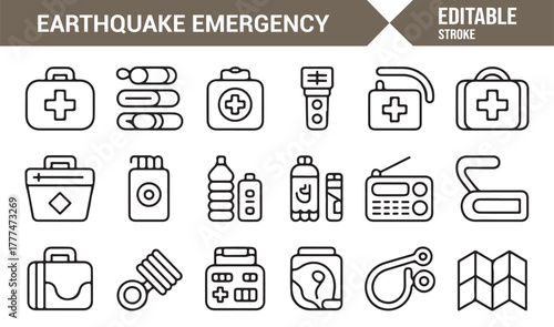Editable line art icons of first aid boxes, water bottles, and emergency radios