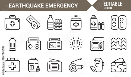 Minimalist stroke icons depicting earthquake response and survival essentials