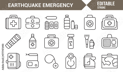 Vector outline icon set of emergency kits, rescue equipment, and safety supplies