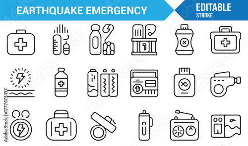 Line icons showing first aid, flashlight, and radio items for natural disaster preparedness