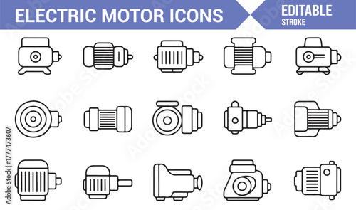 Set of line icons featuring motor engines, torque drives, and mechanical power units