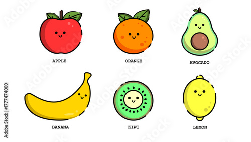 Set of cute fruit with smiling faces vector illustration. Cute apple, orange, avocado, banana, kiwi, lemon