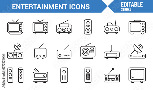 Editable stroke icons of entertainment devices including TV, radio, and speaker in vector line style