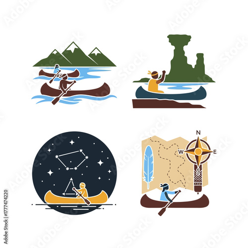 People canoeing in different scenic outdoor adventure settings.