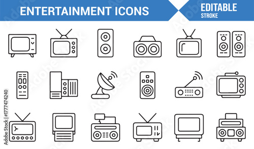 Clean stroke icons of music and video entertainment devices for multimedia concepts