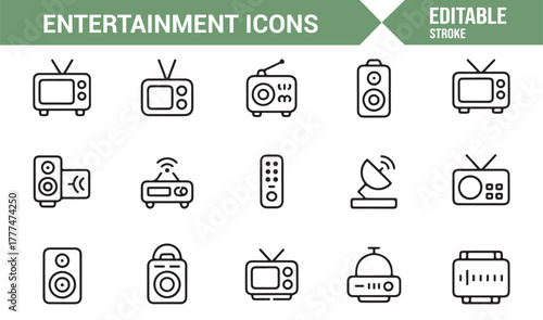 Line art icons depicting radio, television, and modern entertainment technology
