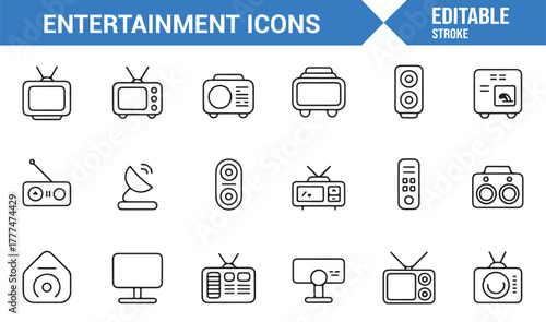 Minimalist line icons of home entertainment systems, monitors, and media players