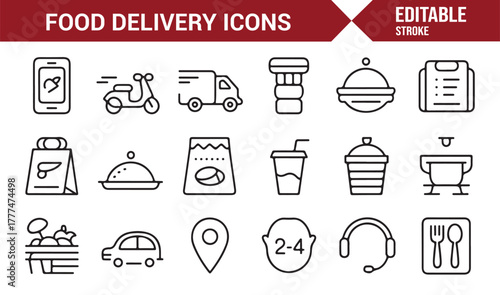 Editable vector icons of modern food delivery, takeaway services, and restaurant courier logistics