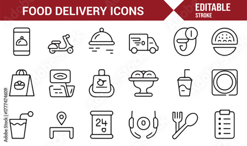 Modern line icons representing digital food delivery and contactless meal ordering