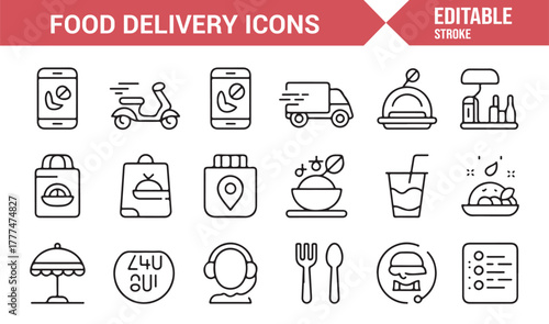 Line art icon set of fast food delivery, packaging, and courier elements