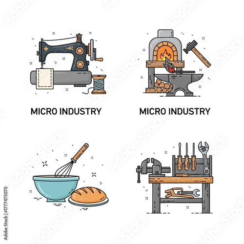 Set of four micro industry icons showing different crafts and trades.