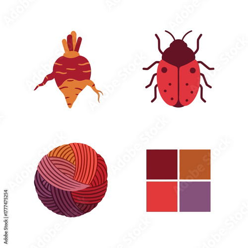 Set of stylized icons with beet ladybug yarn and palette.