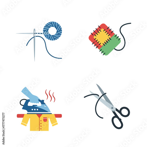 Sewing and tailoring tools and equipment for clothing repair and design.