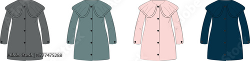 Collection of elegant women's long coats with a stylish statement collar. A vector fashion flat sketch set in multiple color variations