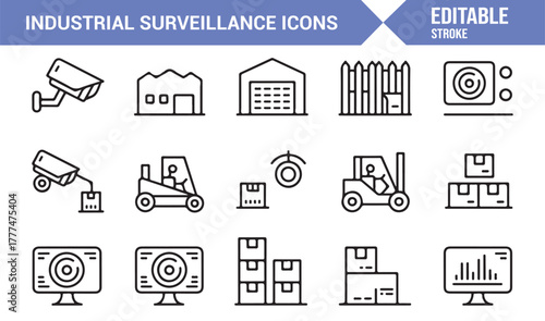 Industrial protection and surveillance icon set showing CCTV, sensors, and monitoring tools