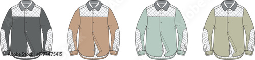 Vector illustration set of a men's long-sleeve work shirt or jacket design concept with color variations and quilted paneling