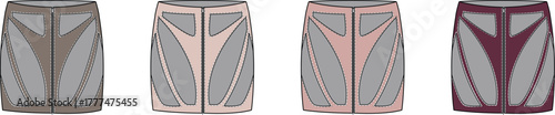 Collection of women's fashion skirt technical flat sketches showing a modern paneled design concept in multiple colorways