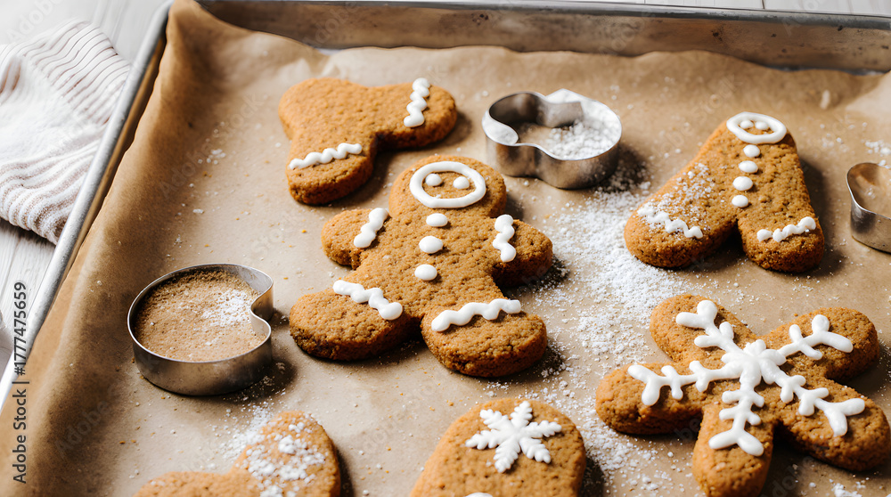 Fototapeta premium Gingerbread Cookies on Baking Tray with Flour Dust