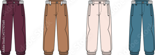 Fashion flat sketches of versatile casual pants in diverse colors, featuring maroon, brown, beige, and teal, ideal for apparel design