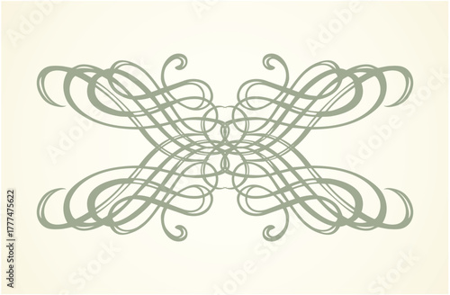 Old cute romantic book ribbon bow swirly tag swoosh element isolated on white paper card backdrop. Freehand black ink pen outline drawn curly corner sketchy in artistic rustic curlicue scrawl style