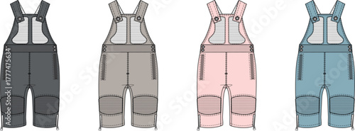 Technical fashion flats of children's adjustable bib pants, ski dungarees, or snow overalls in vector format, showcasing design details for active wear and winter play apparel