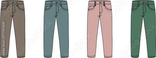 Vector template set of colorful casual pants in four different shades. Flat technical sketch illustration for fashion design and apparel concept