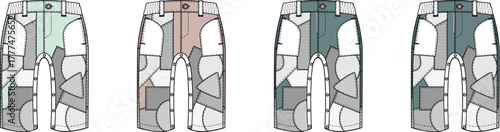 Four detailed graphic illustrations of pants displaying various fabric patch designs and color schemes