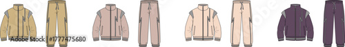 A set of fashionable tracksuits in various pastel and bold colors, technical flat sketch illustration for apparel design and sportswear collection