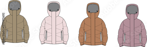 A collection of cozy hooded puffer jackets in a variety of muted, earthy, and pastel colors, offering warmth and style for cold weather and outdoor adventures
