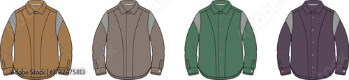 Four different colored jackets displayed side-by-side, each with distinct paneling on the sleeves