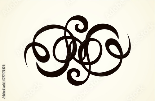 Old cute romantic book ribbon bow swirly tag swoosh element isolated on white paper card backdrop. Freehand black ink pen outline drawn curly corner sketchy in artistic rustic curlicue scrawl style