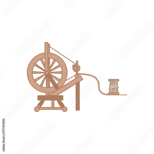 Traditional Wooden Spinning Wheel with Spool of Thread.
