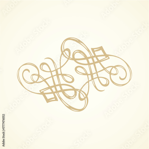 Old cute romantic book ribbon bow swirly tag swoosh element isolated on white paper card backdrop. Freehand black ink pen outline drawn curly corner sketchy in artistic rustic curlicue scrawl style