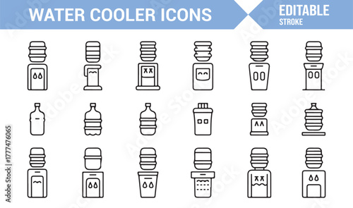 Water cooler line icons pack showing different dispenser and jug types for workplace design