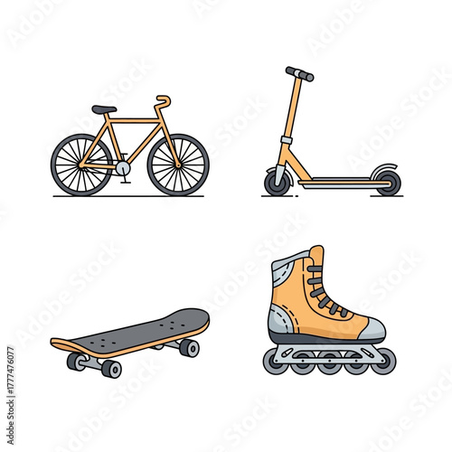 Urban personal transport collection with bicycle scooter skateboard and rollerblade.