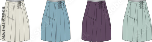 Fashion illustration of a set of elegant women's pleated skirts in various colors, featuring a stylish side tie detail, ideal for casual and everyday wear
