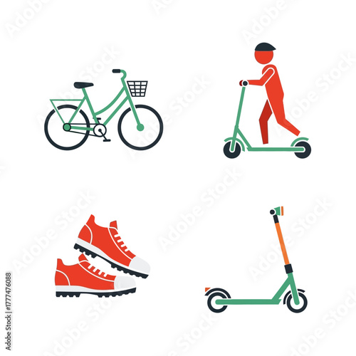 Various modes of transportation including bicycle and scooters for travel.